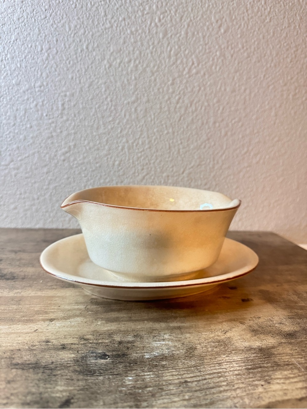 Vintage Cream Glaze Gravy Boat & Underplate | Brown Trim - Picture 14 of 14